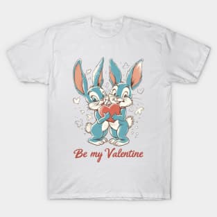 Be My Valentine: Classic Retro American Cartoon - Blue, Red, Cream Bunny Heart T-Shirt